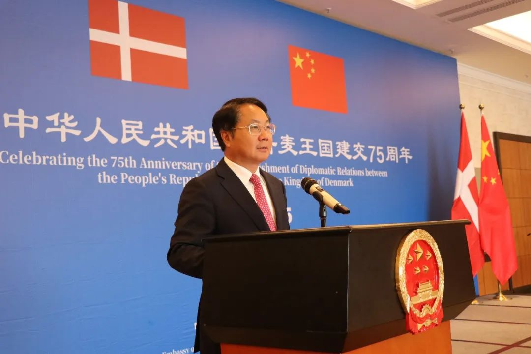 中國駐丹麥大使王雪峰出席招待會并致辭。中國駐丹麥大使館供圖